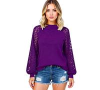 Women's Long Sleeve Lace Splicing Top Round Neck Loose Fit Blouse Casual Boho Crochet Lantern Sleeve Shirt for Spring Summer Fall Daily Wear