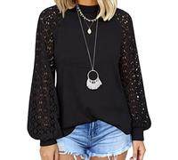 Women's Long Sleeve Lace Splicing Top Round Neck Loose Fit Blouse Casual Boho Crochet Lantern Sleeve Shirt for Spring Summer Fall Daily Wear