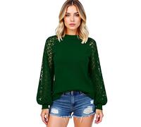 Women's Long Sleeve Lace Splicing Top Round Neck Loose Fit Blouse Casual Boho Crochet Lantern Sleeve Shirt for Spring Summer Fall Daily Wear