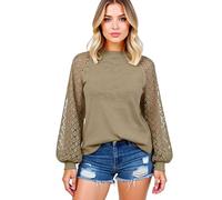 Women's Long Sleeve Lace Splicing Top Round Neck Loose Fit Blouse Casual Boho Crochet Lantern Sleeve Shirt for Spring Summer Fall Daily Wear