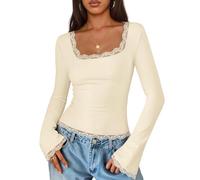 Womens Long Sleeve Lace Trim Top Square Neck Fitted Flared Sleeves (Apricot,L)