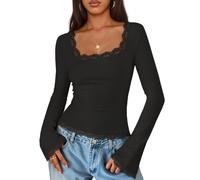 Womens Long Sleeve Lace Trim Top Square Neck Fitted Flared Sleeves (Black,M)