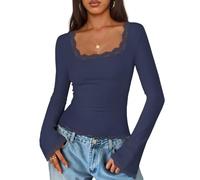 Womens Long Sleeve Lace Trim Top Square Neck Fitted Flared Sleeves (Navy,S)