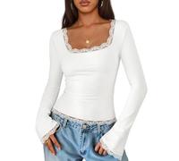 Womens Long Sleeve Lace Trim Top Square Neck Fitted Flared Sleeves (White,S)
