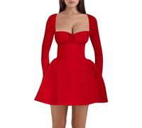 Womens Long Sleeve Mini Dress Square Neck Fit and Flare Going out Style (Red,M)