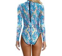 Women's Long Sleeve Swimsuit Scales Pattern High Collar Bathing Suit Beach Swimming, Light Purple, XL(Light Blue2,S)