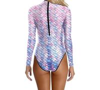 Women's Long Sleeve Swimsuit Scales Pattern High Collar Bathing Suit Beach Swimming, Light Purple, XL(Pink,L)
