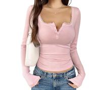 Womens Long Sleeve Top Lace Trim V Neck Ribbed Button Front Fitte (Pink,XXL)