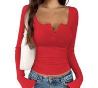 Womens Long Sleeve Top Lace Trim V Neck Ribbed Button Front Fitte (Red,XL)