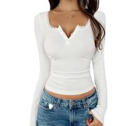 Womens Long Sleeve Top Lace Trim V Neck Ribbed Button Front Fitte (White,M)