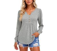 Women's Long Sleeve V Neck Button Down Tops Casual Loose Fit Tunic Shirts Soft Stretchy Blouse with Side Pockets for Fall Winter Daily Wear
