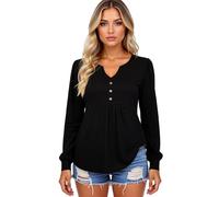 Women's Long Sleeve V Neck Button Down Tops Casual Loose Fit Tunic Shirts Soft Stretchy Blouse with Side Pockets for Fall Winter Daily Wear