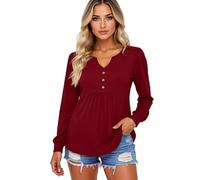 Women's Long Sleeve V Neck Button Down Tops Casual Loose Fit Tunic Shirts Soft Stretchy Blouse with Side Pockets for Fall Winter Daily Wear