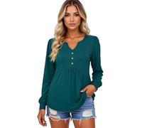 Women's Long Sleeve V Neck Button Down Tops Casual Loose Fit Tunic Shirts Soft Stretchy Blouse with Side Pockets for Fall Winter Daily Wear