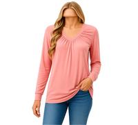 Women's Long Sleeve V Neck Tunic Tops Solid Color Ruched Front Casual Blouse Relaxed Fit Comfortable Pullover Shirt for Fall Winter Daily Wear