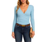 Women's Long Sleeve V Neck Wrap Front Top Pointelle Knit Slim Fit Casual Blouse Summer Fall Fashion tee Shirt for Daily Work Party