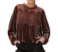 Women's Long Sleeve Velvet Trim Lace Blouse Elegant Flared Swing Top Embroidered Crew Neck Puff Long Sleeve Babydoll Shirts Ruffle Peplum Blouses (Brown,XS)