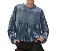 Women's Long Sleeve Velvet Trim Lace Blouse Elegant Flared Swing Top Embroidered Crew Neck Puff Long Sleeve Babydoll Shirts Ruffle Peplum Blouses (Blue,S)