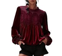 Women's Long Sleeve Velvet Trim Lace Blouse Elegant Flared Swing Top Embroidered Crew Neck Puff Long Sleeve Babydoll Shirts Ruffle Peplum Blouses (Wine,M)