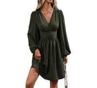 Womens Long Sleeve Wedding Guest Dress V Neck Ruched Waist A Line (Army Green,S)