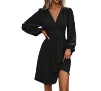 Womens Long Sleeve Wedding Guest Dress V Neck Ruched Waist A Line (Black,L)