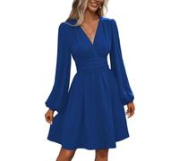 Womens Long Sleeve Wedding Guest Dress V Neck Ruched Waist A Line (Blue,S)