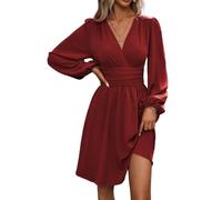 Womens Long Sleeve Wedding Guest Dress V Neck Ruched Waist A Line (Burgundy,M)