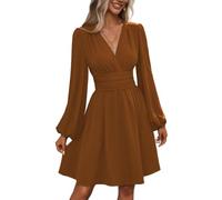 Womens Long Sleeve Wedding Guest Dress V Neck Ruched Waist A Line (Coffee,XXL)