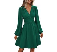 Womens Long Sleeve Wedding Guest Dress V Neck Ruched Waist A Line (Green,XL)