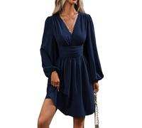 Womens Long Sleeve Wedding Guest Dress V Neck Ruched Waist A Line (Navy,XXL)
