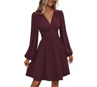 Womens Long Sleeve Wedding Guest Dress V Neck Ruched Waist A Line (Purple,L)