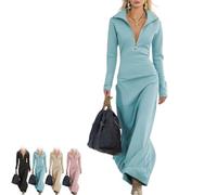 Women's Long Sleeve Zipper Maxi Dress Fall Elegant Retro Trendy Polo Collar V-Neck Tunic Bodycon Dresses for Women (Blue,L)