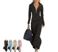 Women's Long Sleeve Zipper Maxi Dress Fall Elegant Retro Trendy Polo Collar V-Neck Tunic Bodycon Dresses for Women (Black,M)