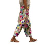 Women's Loose Casual Beach Pants with Pockets - Boho Floral Print Cotton Blend Vacation Trousers (03,L)