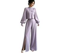 Women's Matching Set Long Sleeve Crop Top Wide Leg Pants Outfit (purple,L)