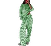 Womens Matching Striped Pants Set Long Sleeve Top High Waist Wide Leg Pants (Green,M)