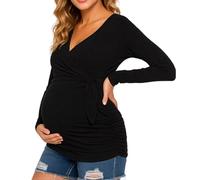 Women's Maternity Long Sleeve Top V Neck Side Knot Nursing Shirt Soft Stretchy Casual Pregnancy Tunic Blouse for Mom to Be Dark Green