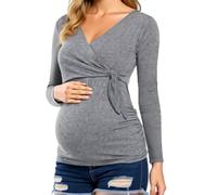 Women's Maternity Long Sleeve Top V Neck Side Knot Nursing Shirt Soft Stretchy Casual Pregnancy Tunic Blouse for Mom to Be Dark Green