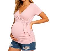 Women's Maternity Long Sleeve Top V Neck Side Knot Nursing Shirt Soft Stretchy Casual Pregnancy Tunic Blouse for Mom to Be Dark Green