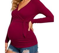 Women's Maternity Long Sleeve Top V Neck Side Knot Nursing Shirt Soft Stretchy Casual Pregnancy Tunic Blouse for Mom to Be Dark Green