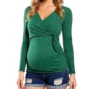 Women's Maternity Long Sleeve Top V Neck Side Knot Nursing Shirt Soft Stretchy Casual Pregnancy Tunic Blouse for Mom to Be Dark Green