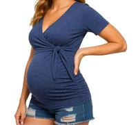 Women's Maternity Long Sleeve Top V Neck Side Knot Nursing Shirt Soft Stretchy Casual Pregnancy Tunic Blouse for Mom to Be Dark Green