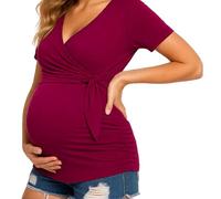 Women's Maternity Long Sleeve Top V Neck Side Knot Nursing Shirt Soft Stretchy Casual Pregnancy Tunic Blouse for Mom to Be Dark Green