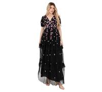Women's Maxi Dress Ladies V-Neck Short Puff Sleeve Floral Embroidered Tiered Ruffle Tulle A-Line Keyhole Back Evening, Negro 34