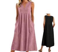 Women's Maxi Dress Summer Sleeveless V Neck Casual Flowy Beach Vacation Sundress with Pockets (Dark Pink,S)