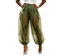 Women's Mesh Panel Lantern Pants Double Layer Mesh Balloon Harem Joggers (Army Green,M)