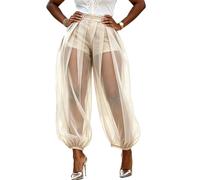 Women's Mesh Panel Lantern Pants Double Layer Mesh Balloon Harem Joggers (Beige,M)