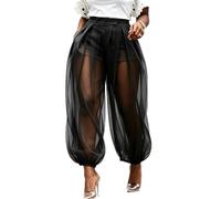 Women's Mesh Panel Lantern Pants Double Layer Mesh Balloon Harem Joggers (Black,M)