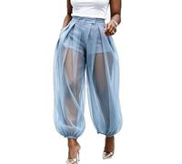 Women's Mesh Panel Lantern Pants Double Layer Mesh Balloon Harem Joggers (Blue,XXL)