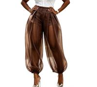 Women's Mesh Panel Lantern Pants Double Layer Mesh Balloon Harem Joggers (Brown,L)